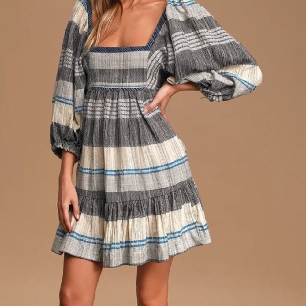 FREE PEOPLE - All Lined Up Blue Puff Sleeve Multi Striped Mini Dress - XS - Picture 1 of 3